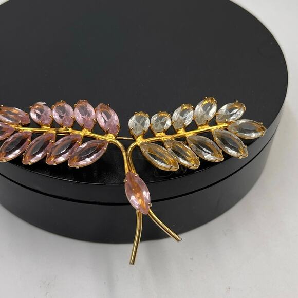 Gold Tone Pink and Clear Acrylic Rhinestone Branch Leaf Spray Large Brooch - Picture 2 of 7